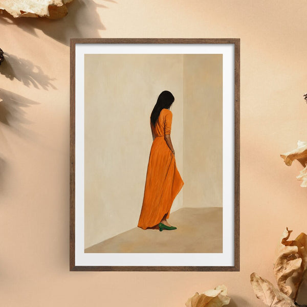 Frau im orangenen Kleid Poster – minimalistischer Boho Kunstdruck