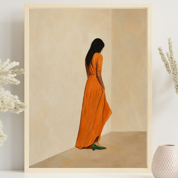 Frau im orangenen Kleid Poster – minimalistischer Boho Kunstdruck