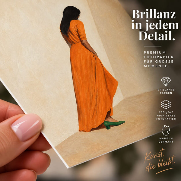Frau im orangenen Kleid Poster – minimalistischer Boho Kunstdruck