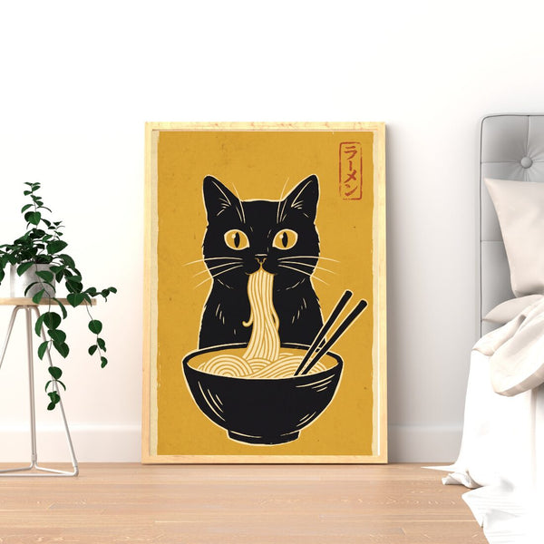 Katze Ramen Poster – Japandi Kunstdruck in Senfgelb