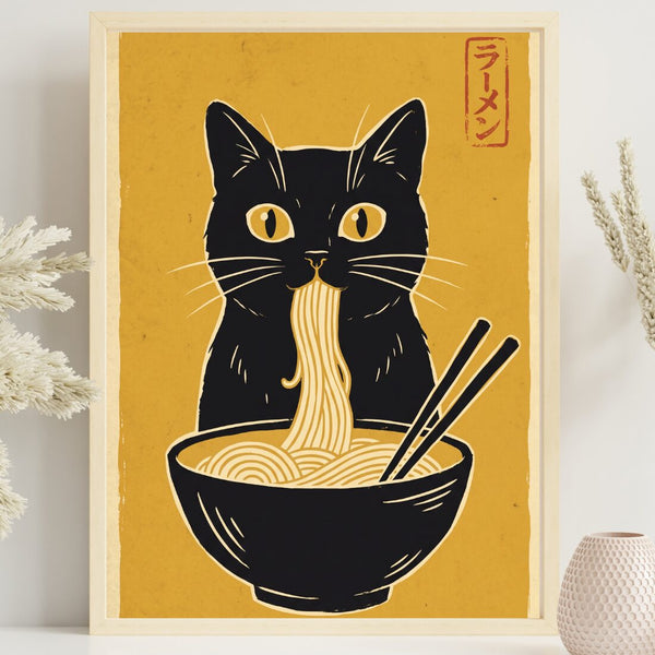 Katze Ramen Poster – Japandi Kunstdruck in Senfgelb