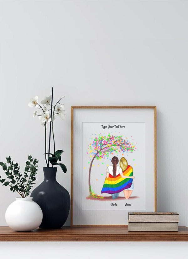 Lesbisches Paar mit LGBTQ+ Flagge - personalisiertes Poster