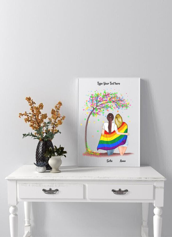 Lesbisches Paar mit LGBTQ+ Flagge - personalisiertes Poster