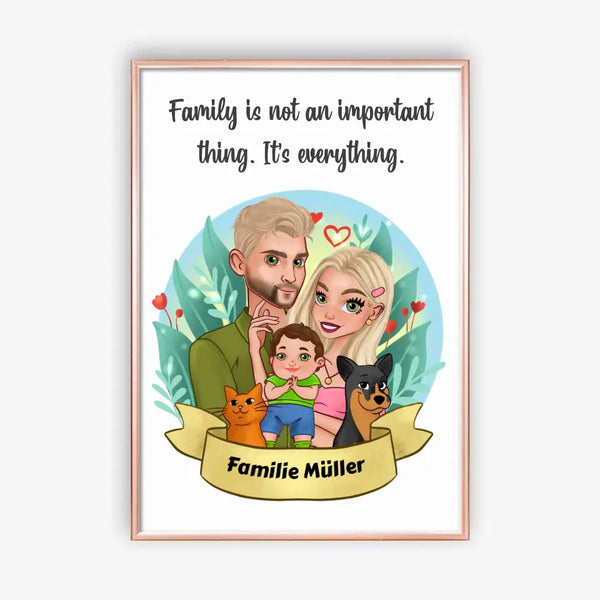 Personalisiertes Cartoon Familien Poster mit Haustieren Personalisiert mit Namen Clipart