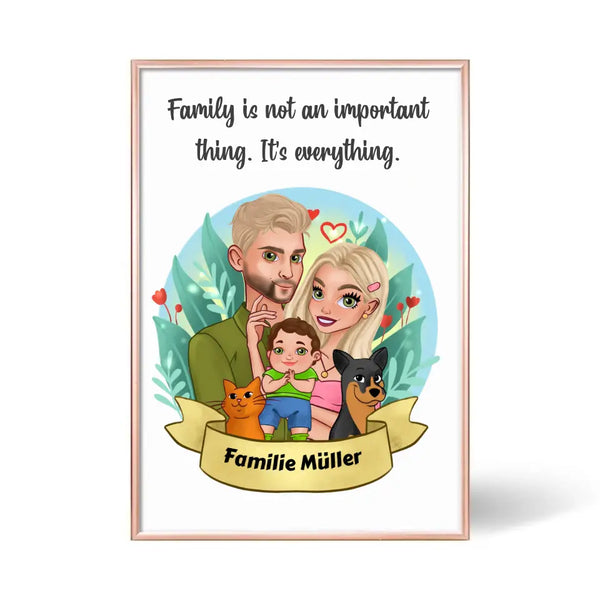 Personalisiertes Cartoon Familien Poster mit Haustieren Personalisiert mit Namen Clipart