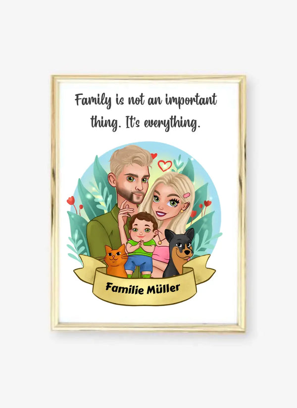 Personalisiertes Cartoon Familien Poster mit Haustieren Personalisiert mit Namen Clipart