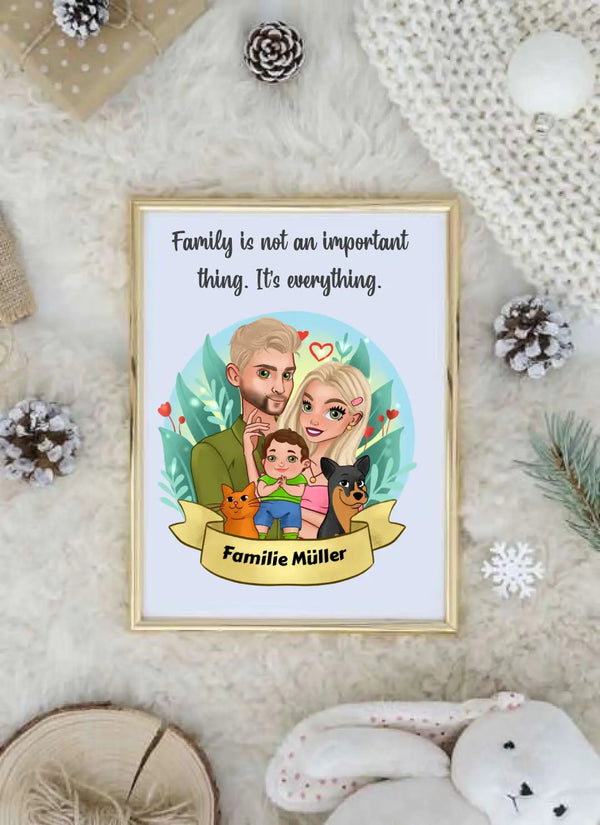 Personalisiertes Cartoon Familien Poster mit Haustieren Personalisiert mit Namen Clipart