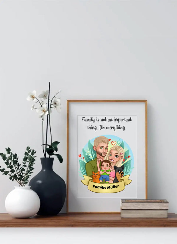 Personalisiertes Cartoon Familien Poster mit Haustieren Personalisiert mit Namen Clipart