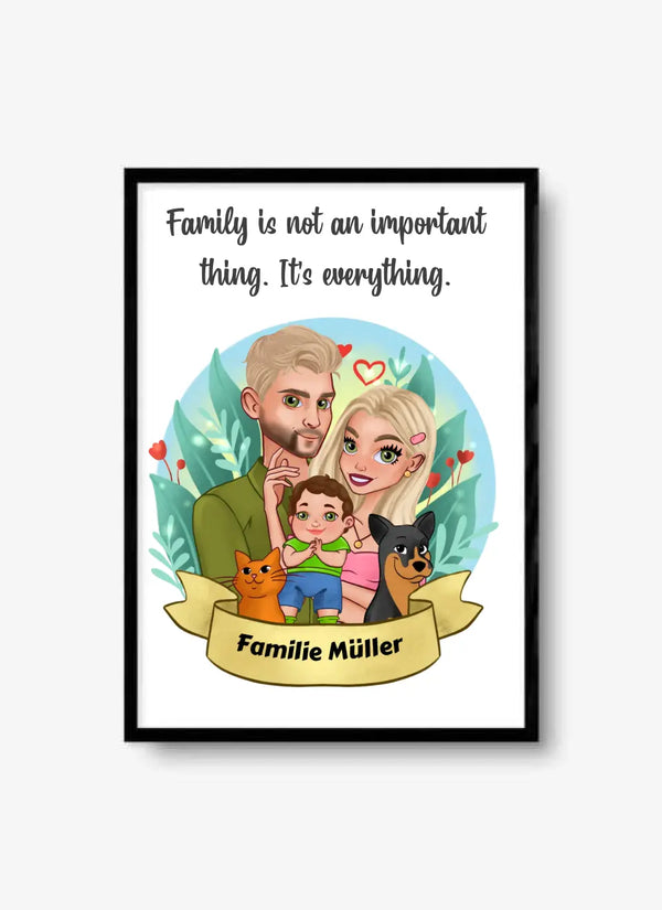 Personalisiertes Cartoon Familien Poster mit Haustieren Personalisiert mit Namen Clipart