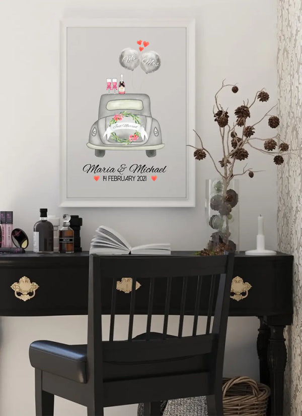 Hochzeitsauto Memory Poster Personalisiert mit Namen und Datum