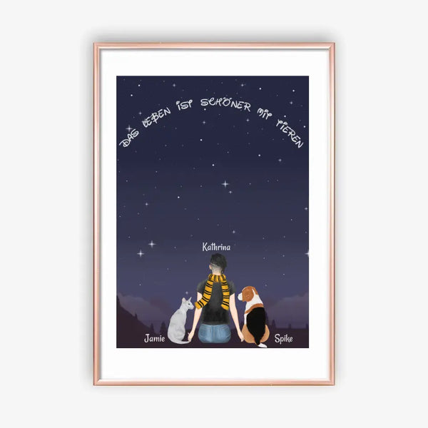 Frau mit Katze und Hund bei Sternenhimmel Clipart Poster Personalisiert mit Namen