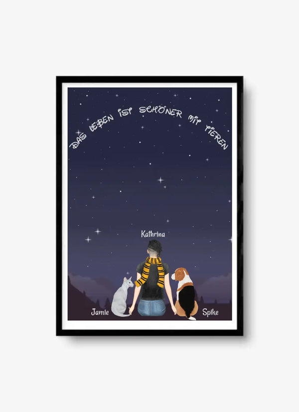 Frau mit Katze und Hund bei Sternenhimmel Clipart Poster Personalisiert mit Namen