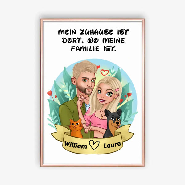 Personalisiertes Cartoon Paar Poster mit Haustieren