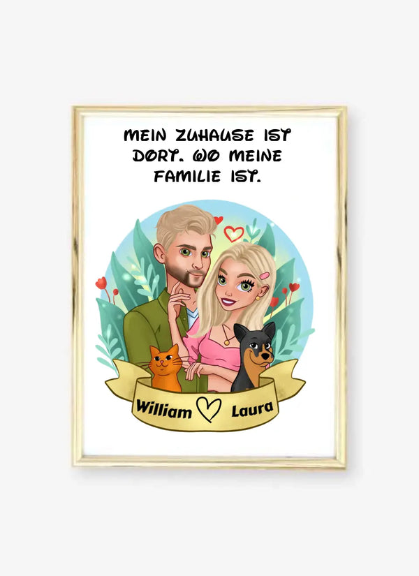 Personalisiertes Cartoon Paar Poster mit Haustieren