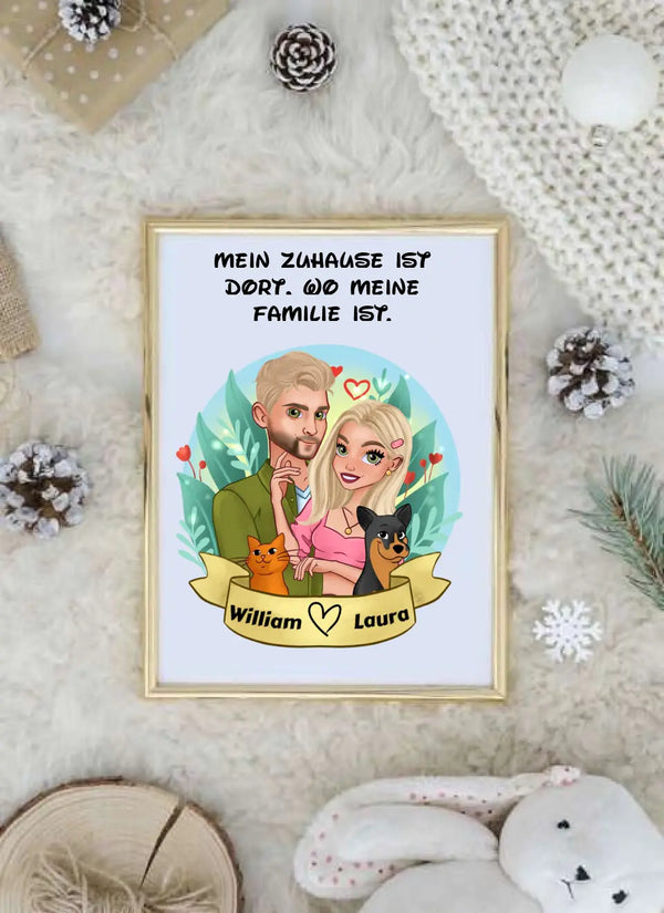 Personalisiertes Cartoon Paar Poster mit Haustieren