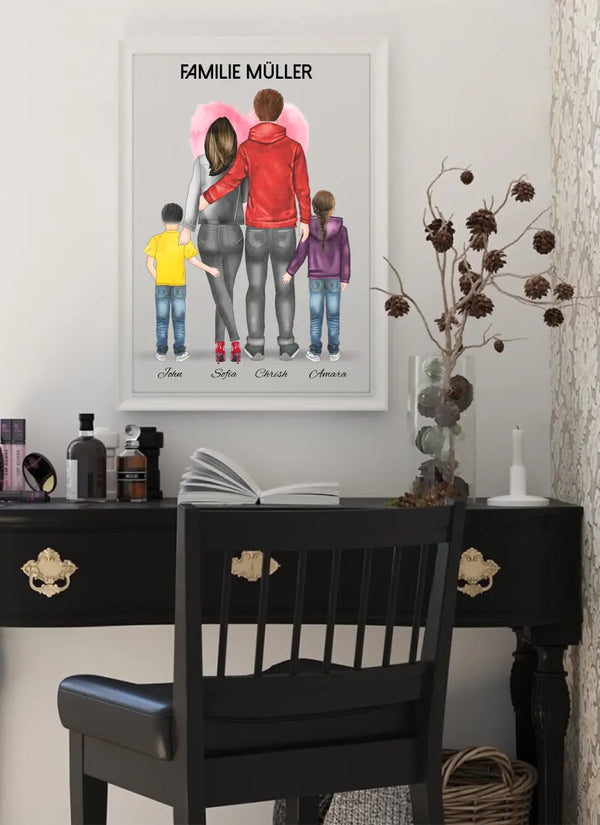 Familie mit 2 Kindern Memory  Clipart Poster Personalisiert mit Namen