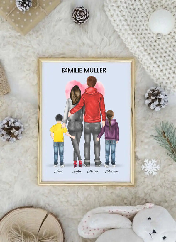 Familie mit 2 Kindern Memory  Clipart Poster Personalisiert mit Namen