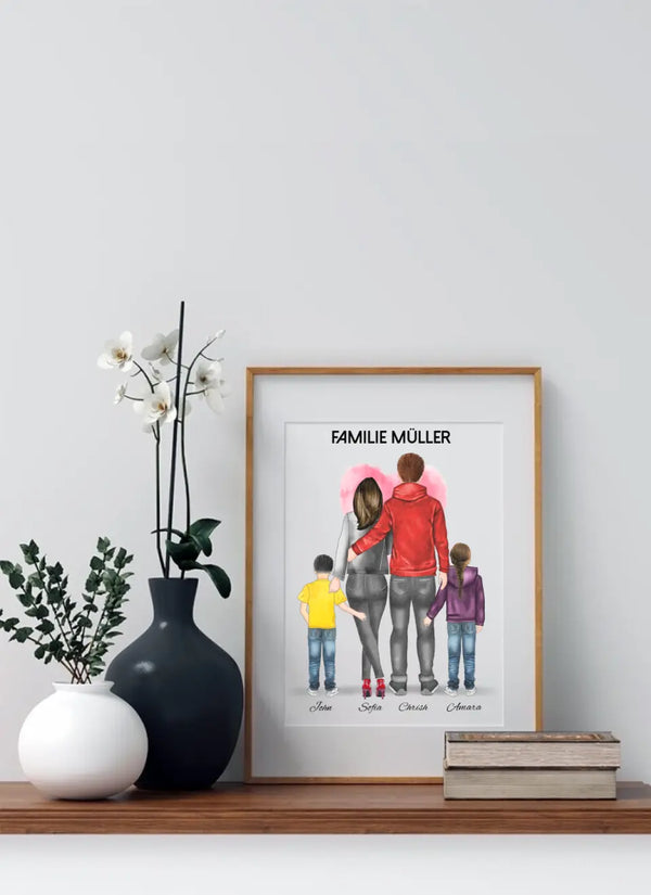 Familie mit 2 Kindern Memory  Clipart Poster Personalisiert mit Namen