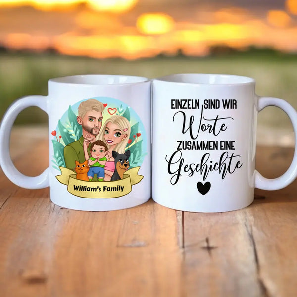 Personalisierte Cartoon Familie mit Haustieren Clipart Tasse Personalisiert mit Namen