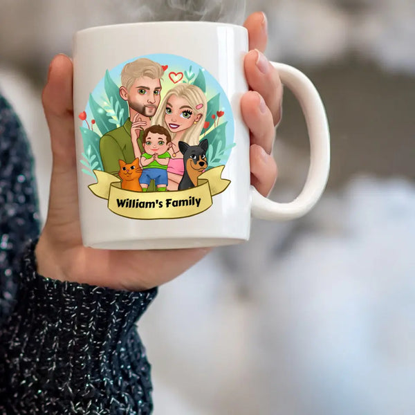 Personalisierte Cartoon Familie mit Haustieren Clipart Tasse Personalisiert mit Namen