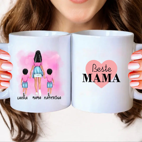 Personalisierte Mama mit zwei Kindern Hand in Hand Clipart Tasse Personalisiert mit Namen (Junge/Mädchen)