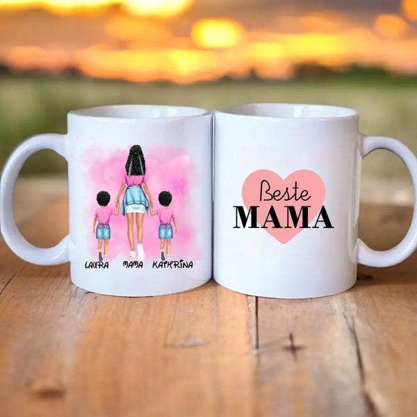 Personalisierte Mama mit zwei Kindern Hand in Hand Clipart Tasse Personalisiert mit Namen (Junge/Mädchen)