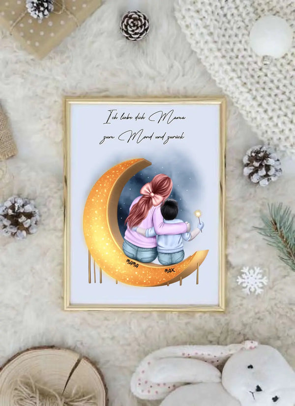 Personalisiertes Poster To the moon and back - Mama mit Kind Clipart Personalisierbar mit Namen