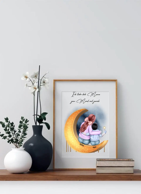 Personalisiertes Poster To the moon and back - Mama mit Kind Clipart Personalisierbar mit Namen