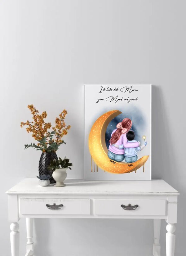 Personalisiertes Poster To the moon and back - Mama mit Kind Clipart Personalisierbar mit Namen