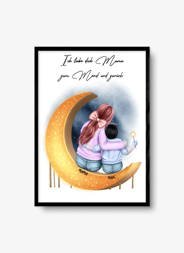 Personalisiertes Poster To the moon and back - Mama mit Kind Clipart Personalisierbar mit Namen