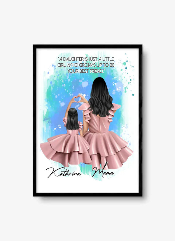 Mutter & Tochter im Kleid - Herz Poster Clipart Poster Personalisiert mit Namen