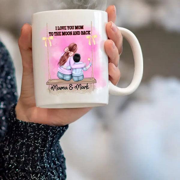 Mutter und Kind auf Schaukel Clipart Tasse Personalisiert mit Namen Junge/Mädchen