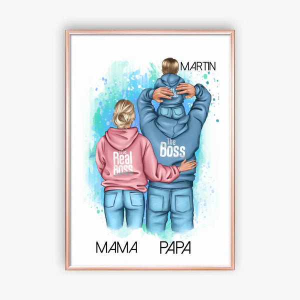 Papa mit Mama und Kind Clipart Poster Personalisiert mit Namen