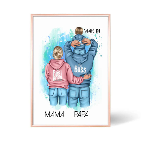 Papa mit Mama und Kind Clipart Poster Personalisiert mit Namen