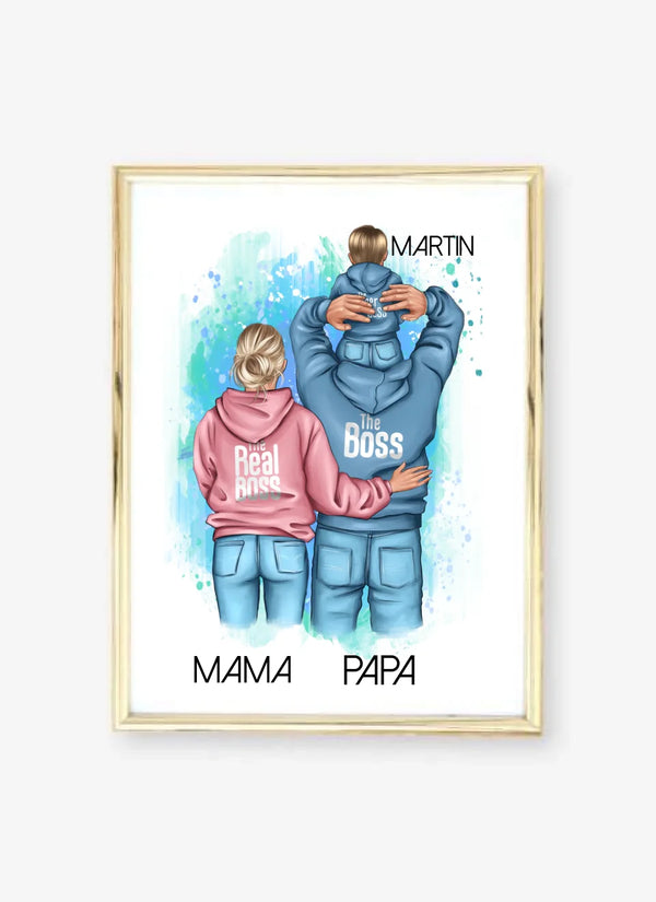 Papa mit Mama und Kind Clipart Poster Personalisiert mit Namen