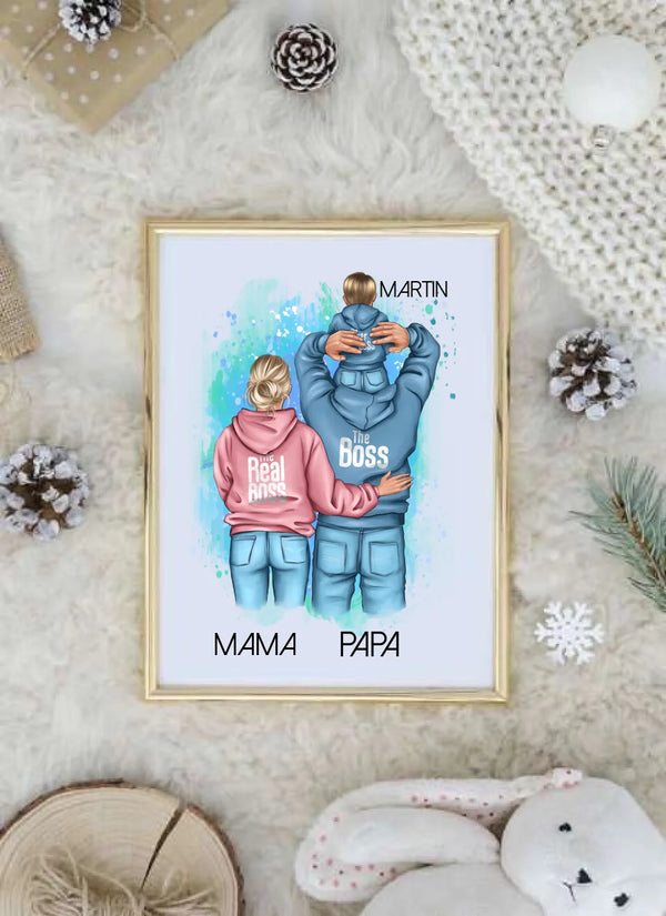 Papa mit Mama und Kind Clipart Poster Personalisiert mit Namen