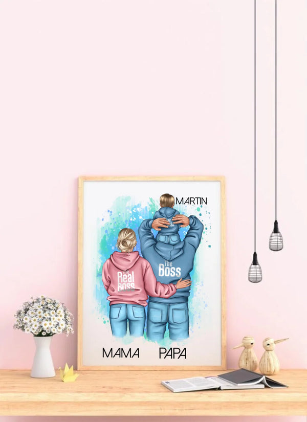 Papa mit Mama und Kind Clipart Poster Personalisiert mit Namen