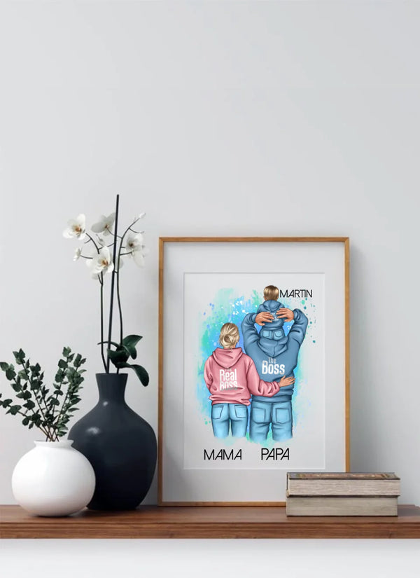 Papa mit Mama und Kind Clipart Poster Personalisiert mit Namen