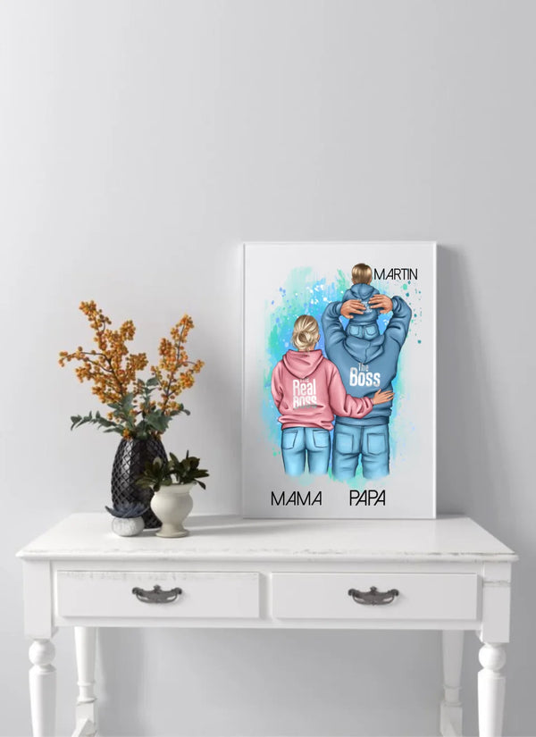 Papa mit Mama und Kind Clipart Poster Personalisiert mit Namen