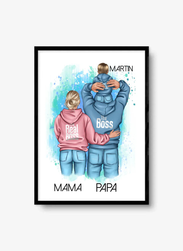 Papa mit Mama und Kind Clipart Poster Personalisiert mit Namen