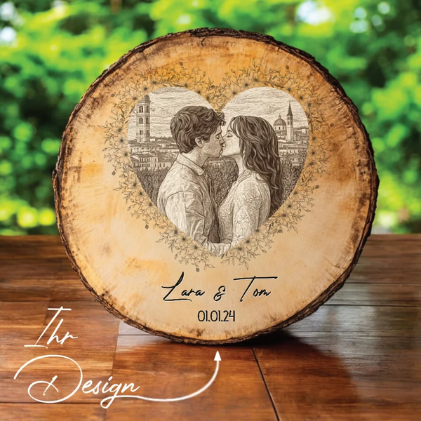 Herz Gravur Holzscheibe aus echt Holz, Personalisierbar mit Bild Gravur, Name, Datum, Pärchen, Hochzeit