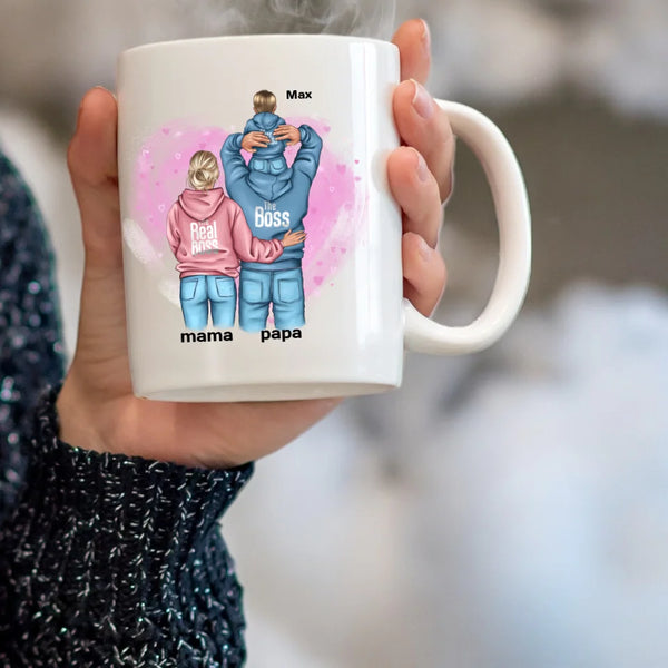 Papa mit Mama und Kind Familien Clipart Tasse Personalisiert mit Namen