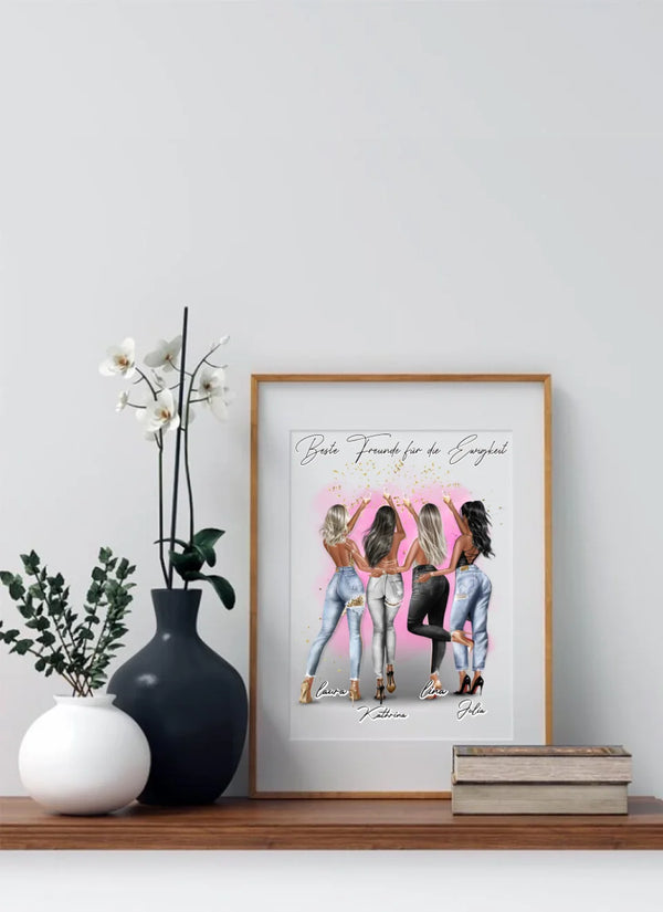 Beste Freundinnen Clipart Party Poster,Girls out Poster 2-4 Personen mit Namen Personalisierbar