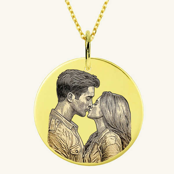 Personalisierte Kette mit Bildgravur – Rund – 25 mm Anhänger – 14K vergoldet & Edelstahl