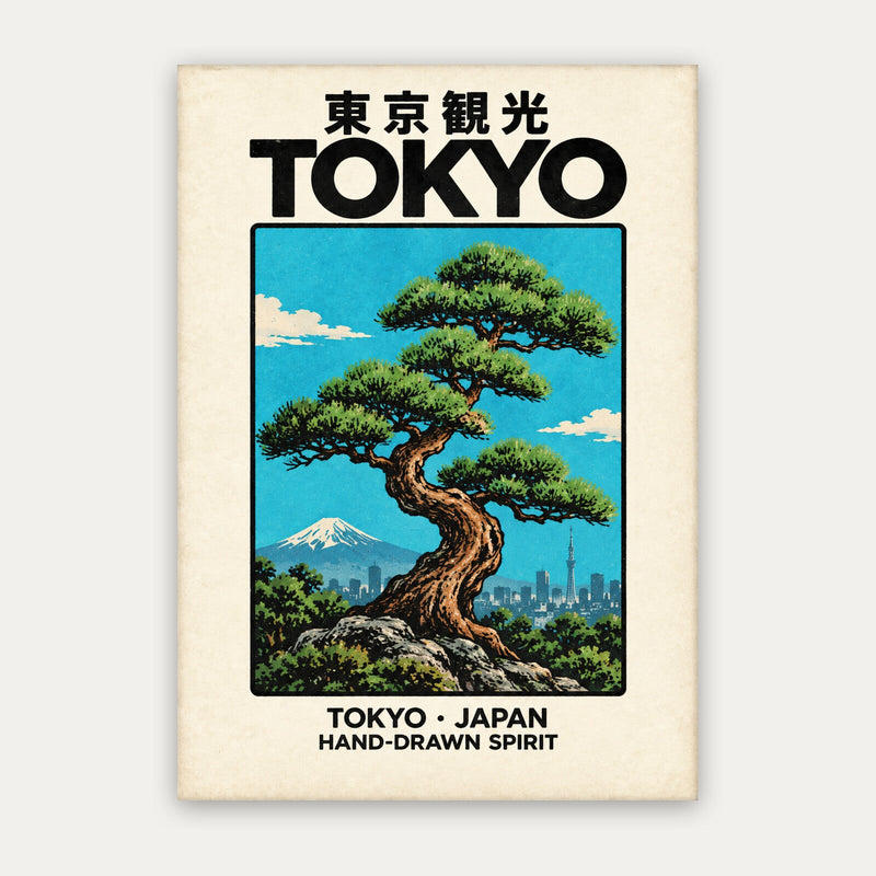 Bonsai über Tokio – Reise Poster in Türkis & Creme