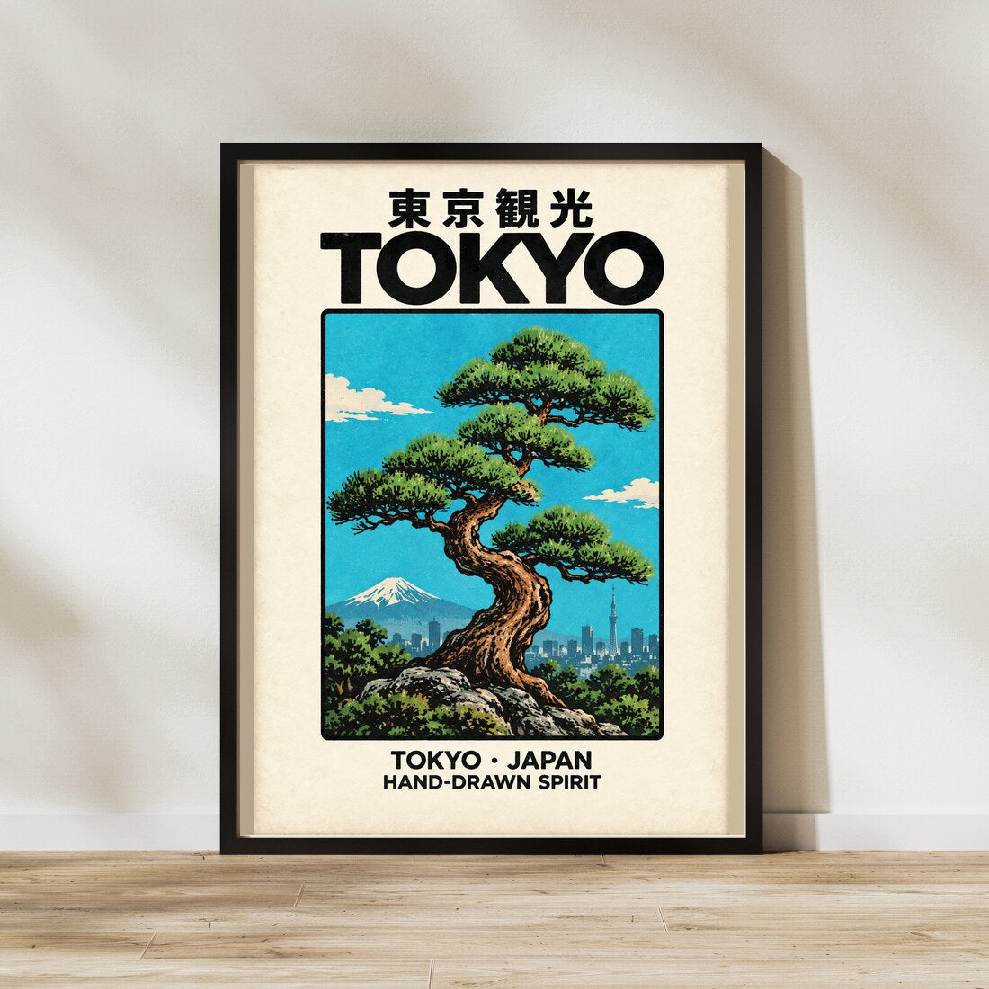 Bonsai über Tokio – Reise Poster in Türkis & Creme