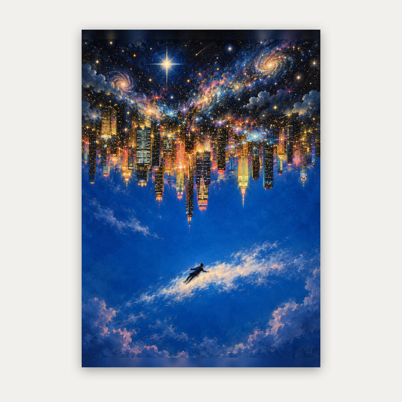Stadt über den Wolken – Surreales Poster in Blau