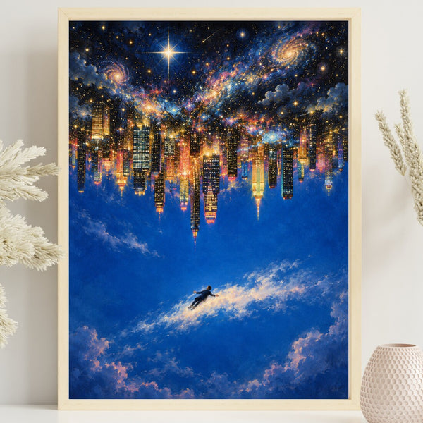 Stadt über den Wolken – Surreales Poster in Blau