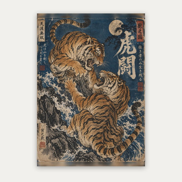 Tiger in der Welle – Japanisches Poster in Ocker