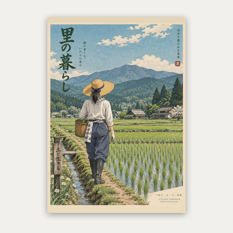 Leben auf dem Land – Japanisches Poster in Grün